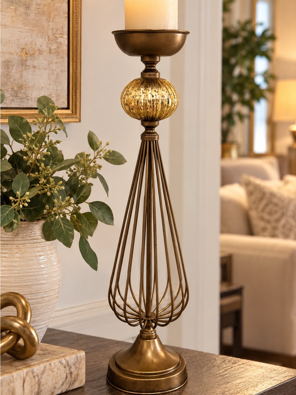 Kohl’s Tall Bronze Gold Ribbed Glass Pillar Candle Holder 20.5”